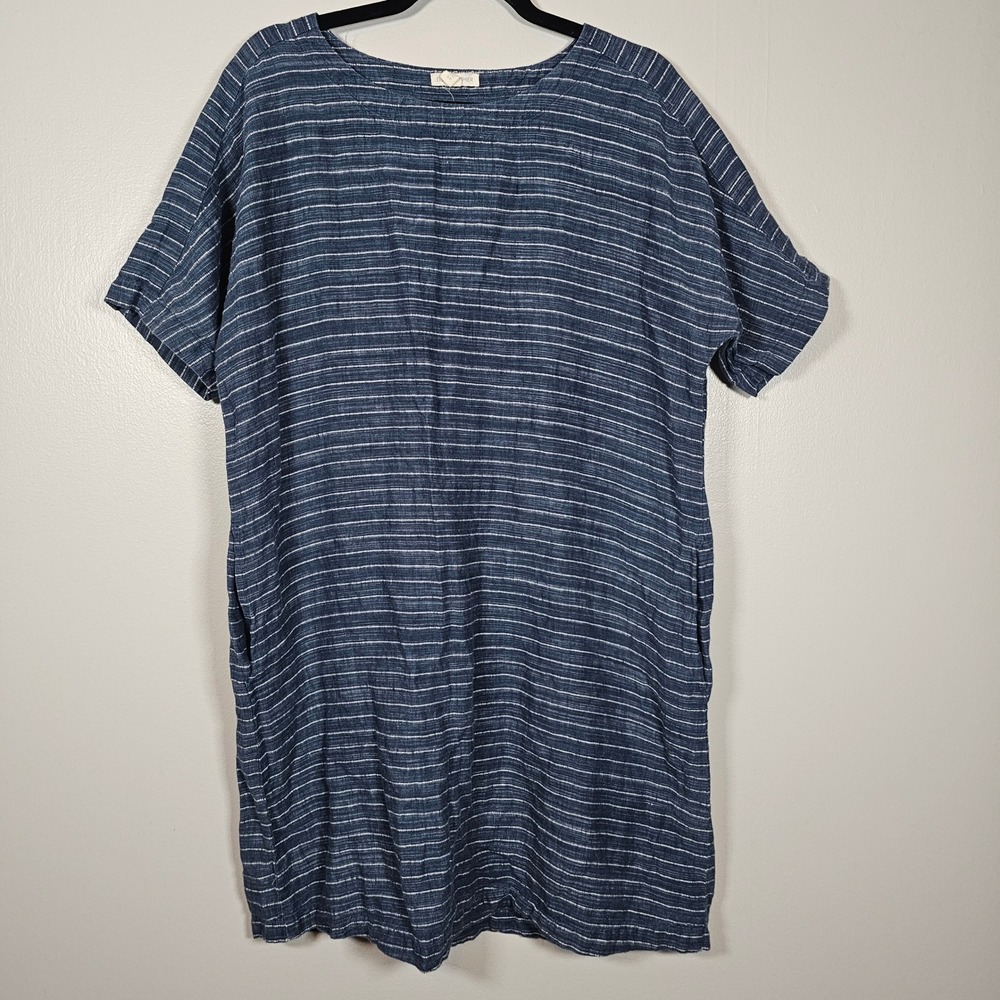Eileen Fisher Navy and White Horizontal Stripe Linen-Blend Midi Dress